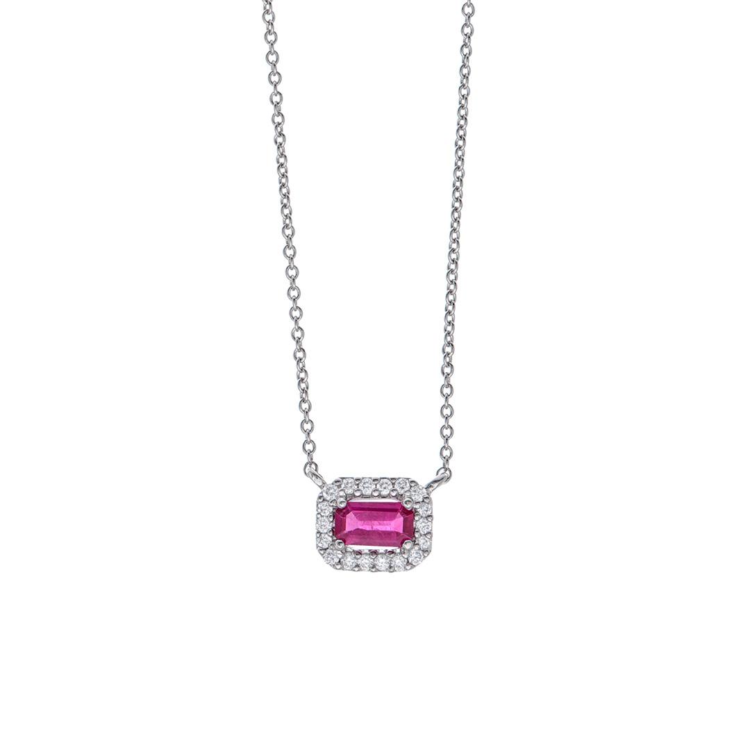 Emerald Cut Ruby Diamond Halo Pendant Necklace