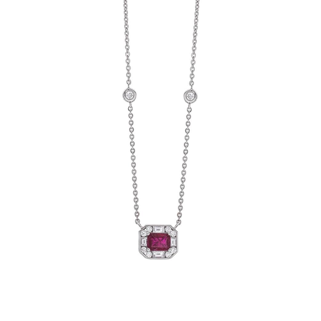 Emerald Cut Ruby and Diamond White Gold Necklace