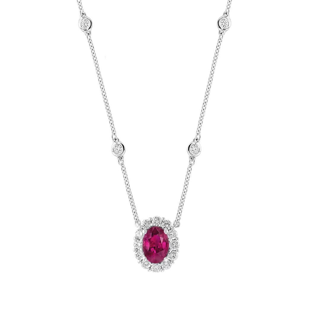 Halo Style Ruby and Diamond Station Necklace