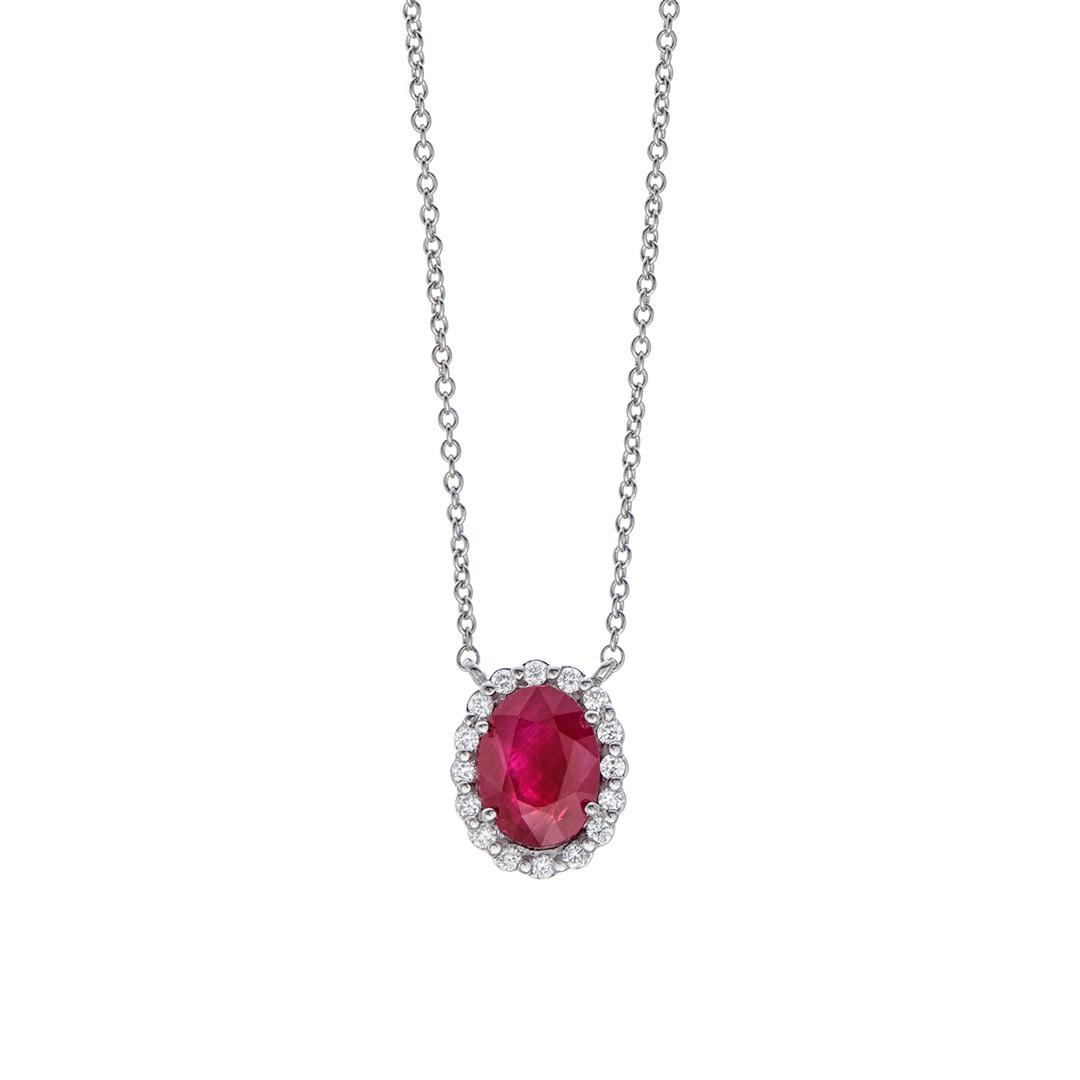 Oval Ruby Diamond Halo Pendant Necklace