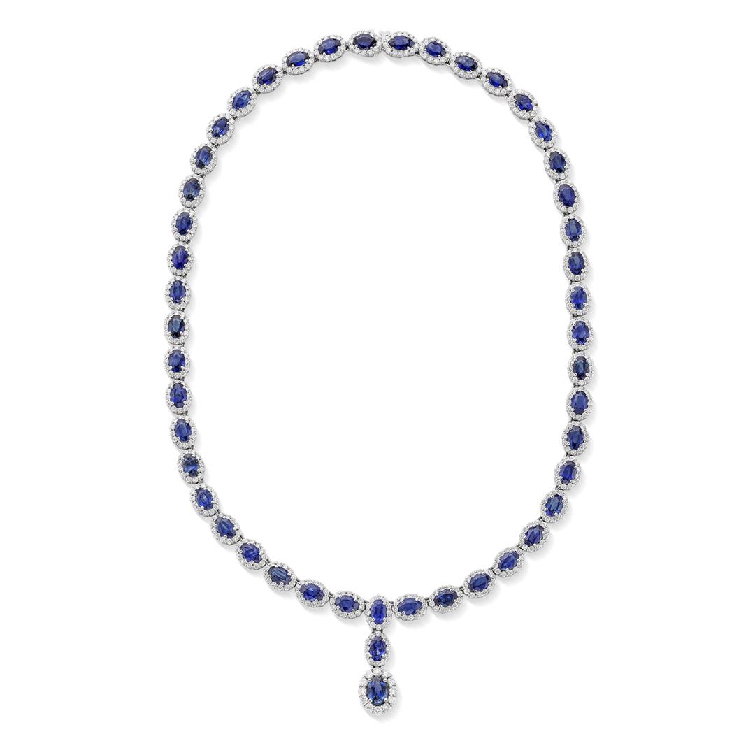 14K White Gold Sapphire and Diamond Drop Necklace | Front View