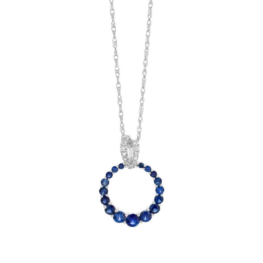 White Gold Round Sapphire & Pave Diamond Open Circle Pendant Necklace