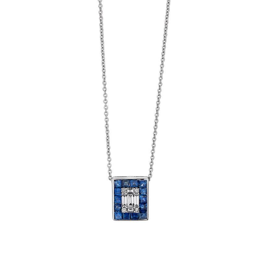 White Gold Diamond & Blue Sapphire Halo Pendant Necklace