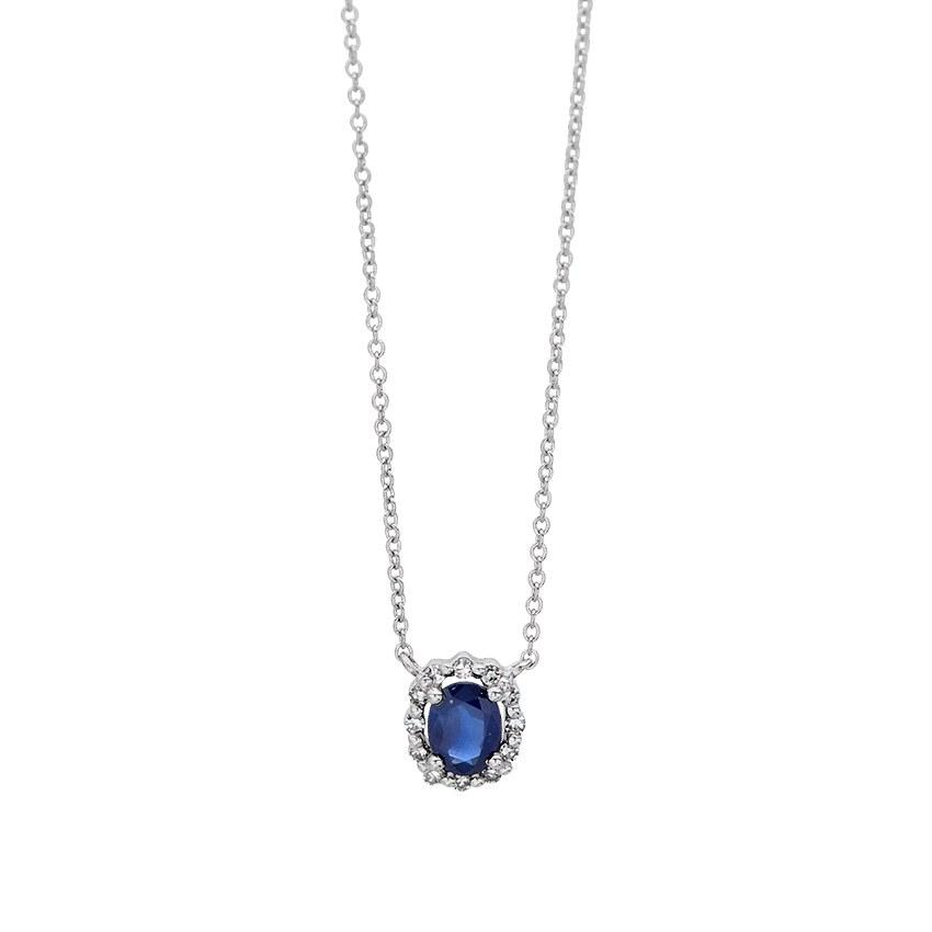 Oval Sapphire Pendant Necklace with Diamond Halo