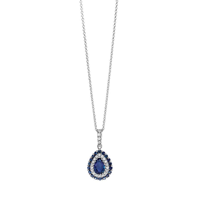 White Gold Sapphire & Diamond Teardrop Pendant Necklace