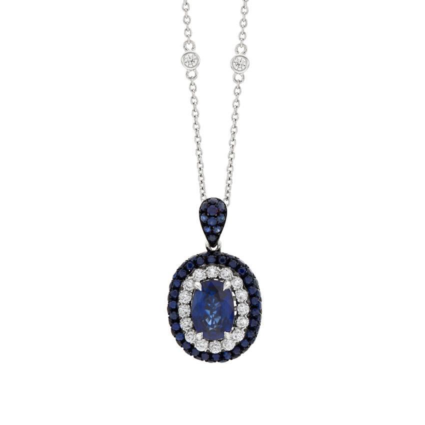 White Gold 1.64 Carat Oval Sapphire & Diamond Halo Pendant Necklace
