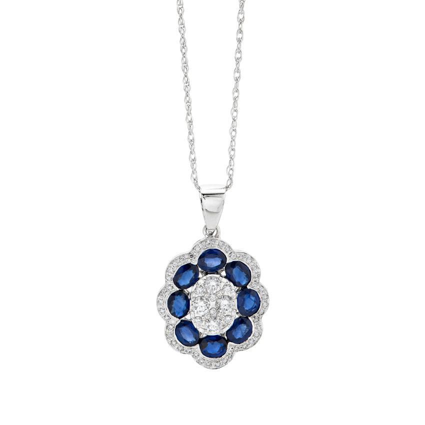 White Gold Diamond Cluster & Oval Blue Sapphire Pendant Necklace