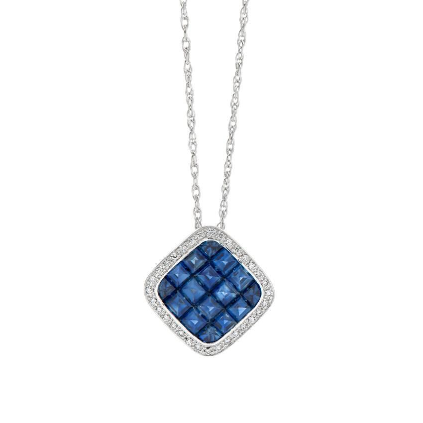 White Gold Blue Sapphire Cluster & Pave Diamond Halo Pendant Necklace