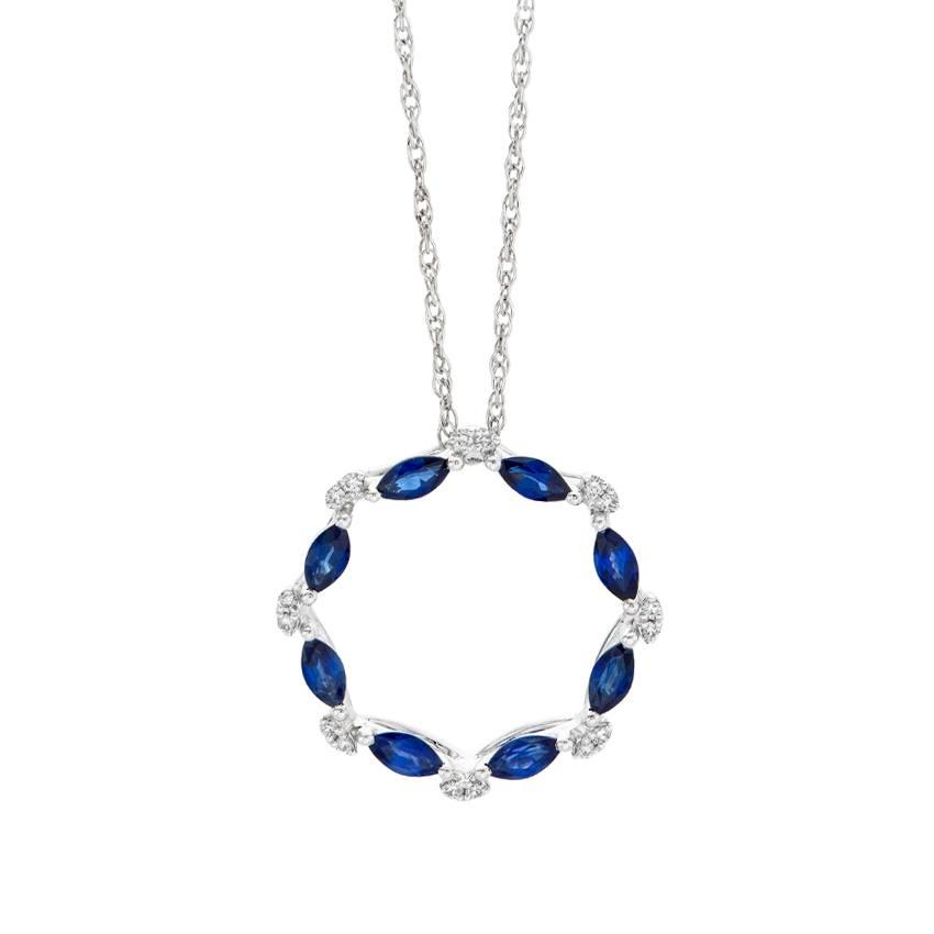 White Gold Marquise Shaped Sapphire & Round Diamond Open Circle Pendant Necklace