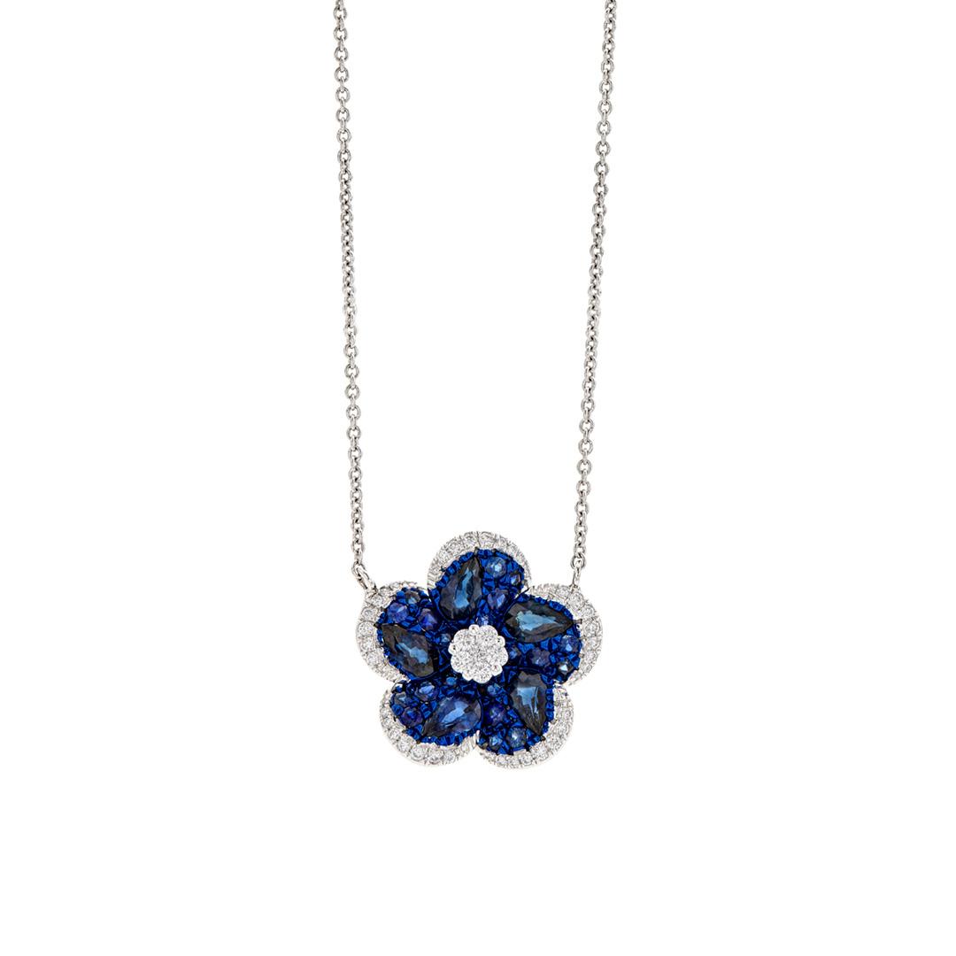 Sapphire and Diamond White Gold Flower Necklace