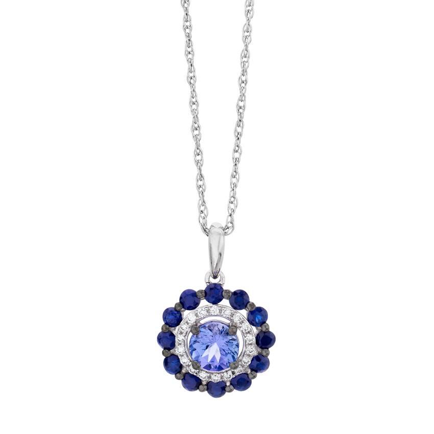 White Gold Tanzanite, Sapphire & Diamond Pendant Necklace