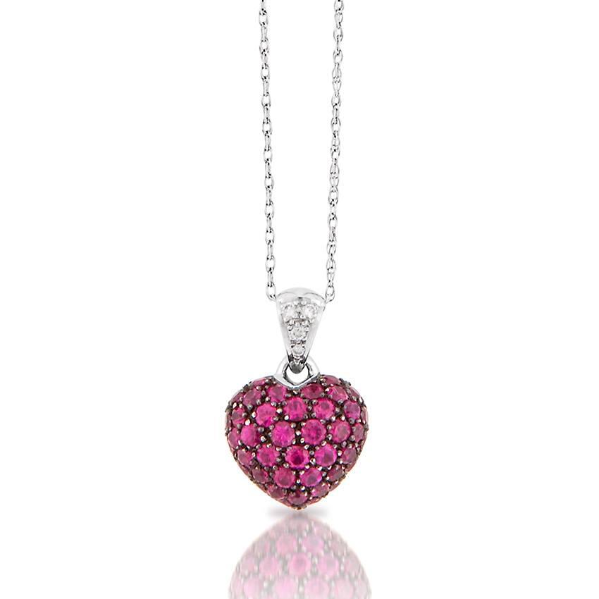 White Gold, Ruby & Diamond Heart Pendant Necklace