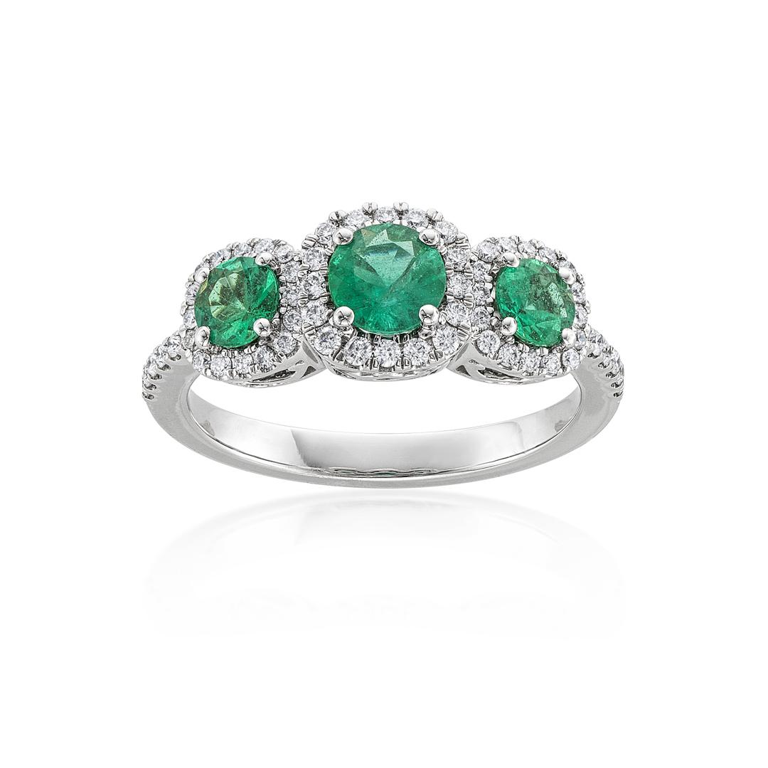 Three Emerald Stone Ring with Diamonds