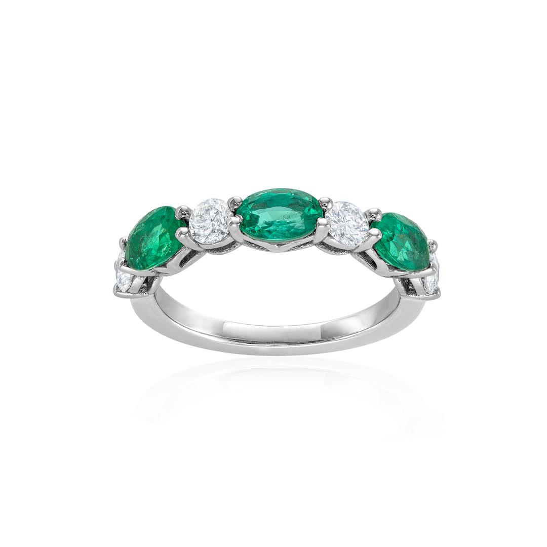 Oval Emerald and Round Diamond White Gold Band
