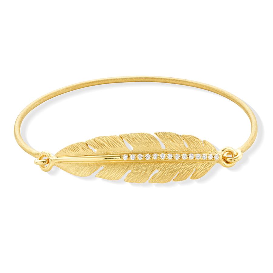14K Yellow Gold Diamond Feather Bangle with a Curved Design, Textured Brushed Finish,  & Pave Diamonds Down the Center | Front View 