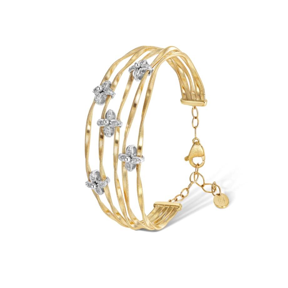 Marco Bicego Marrakech Onde Collection 18K Yellow and White Gold Five Strand Bangle with Diamond Flowers