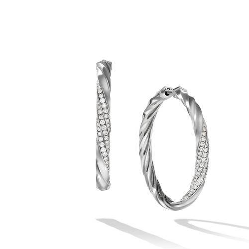 David Yurman Cable Edge Hoop Earrings in Recycled Sterling Silver with Pave Diamonds