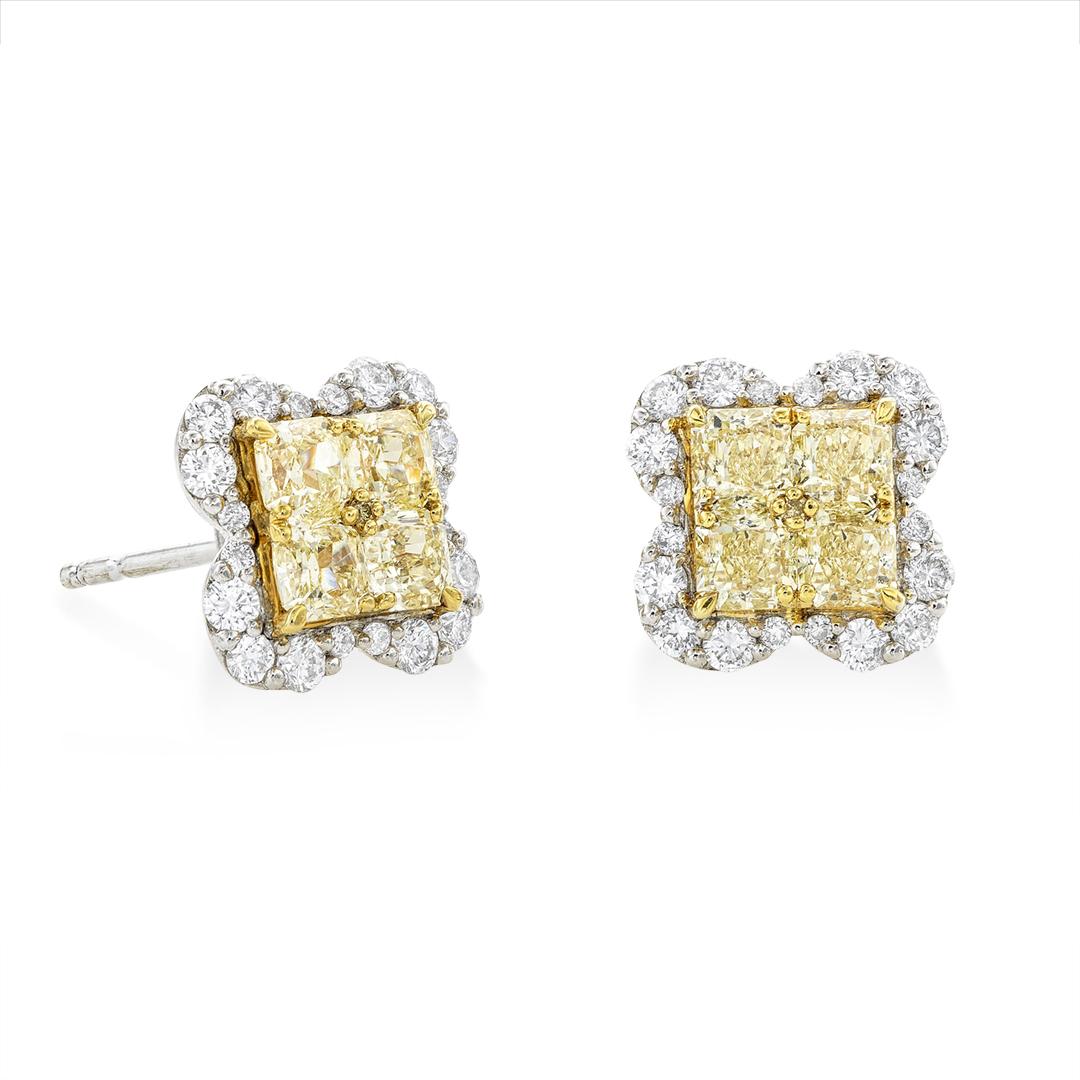18K Yellow and White Gold Natural Yellow Diamond Scallop Post Earring | Front and Side View