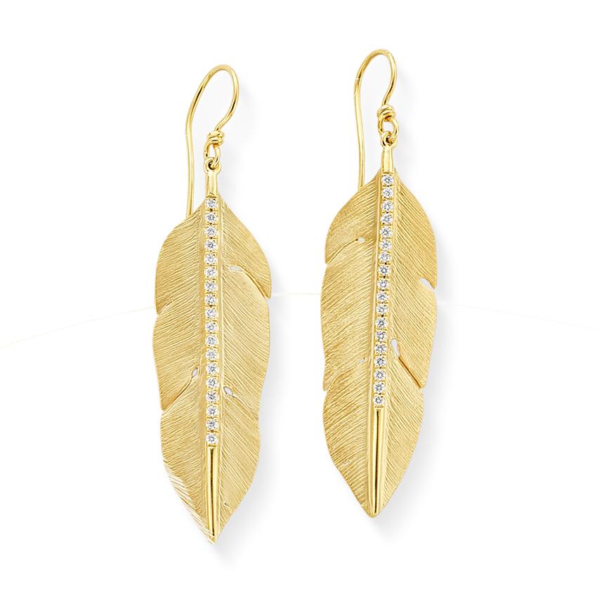 14K Yellow Gold Diamond Feather Drop Earring 