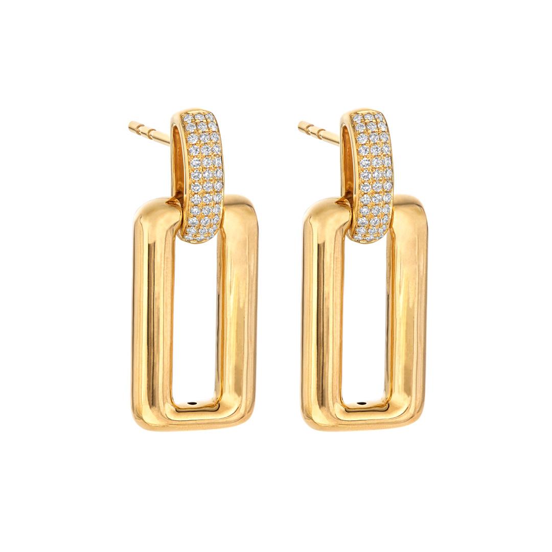 Rectangular Yellow Gold and Diamond Dangle Earrings