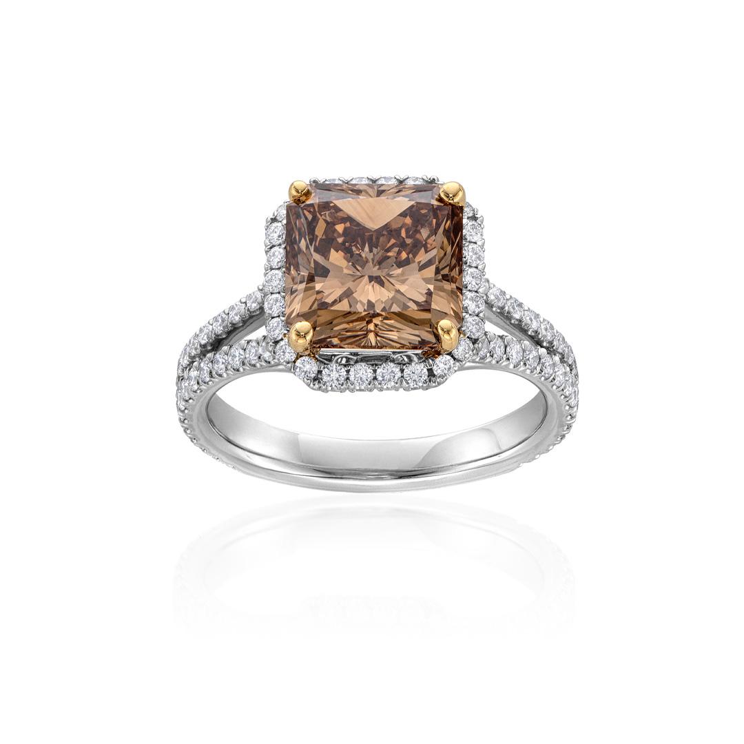 3.73 CT Radiant Cut Brown Diamond Engagement Ring