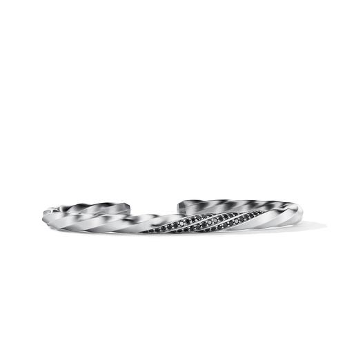David Yurman Mens Cable Edge Cuff Bracelet in Recycled Sterling Silver with Pave Black Diamonds