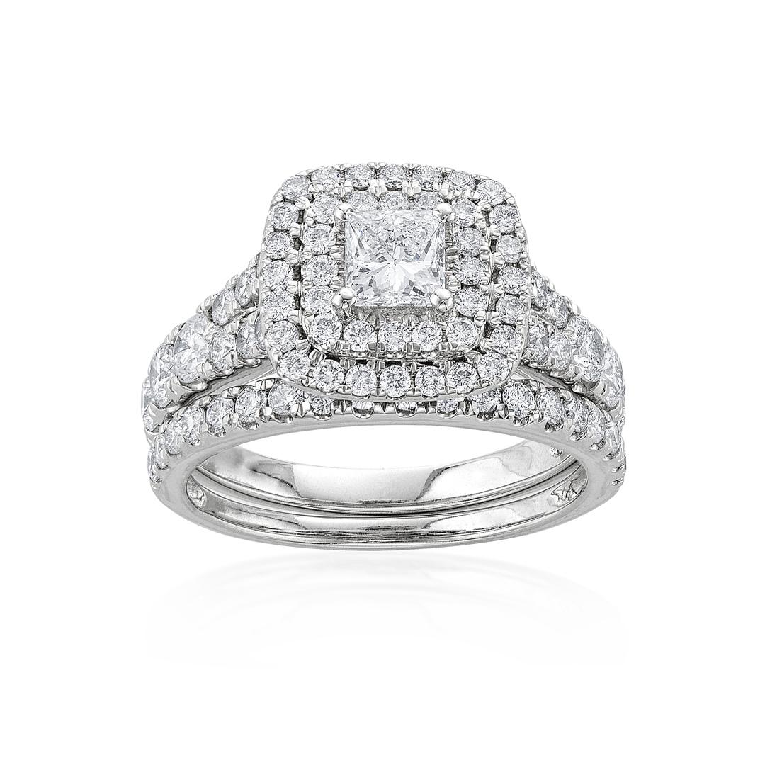 2.03 CTW Princess Cut Diamond Bridal Ring Set with Double Pave Halo