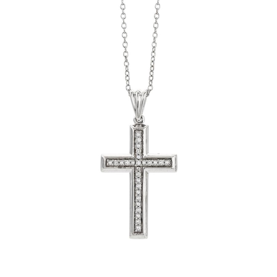 Sterling Silver Pave Diamond Polished Cross Necklace
