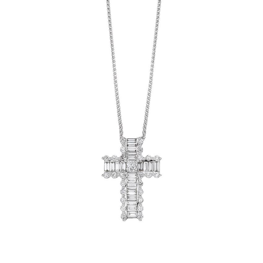 Baguette Diamond Cross Pendant Necklace with Round Diamond Accents