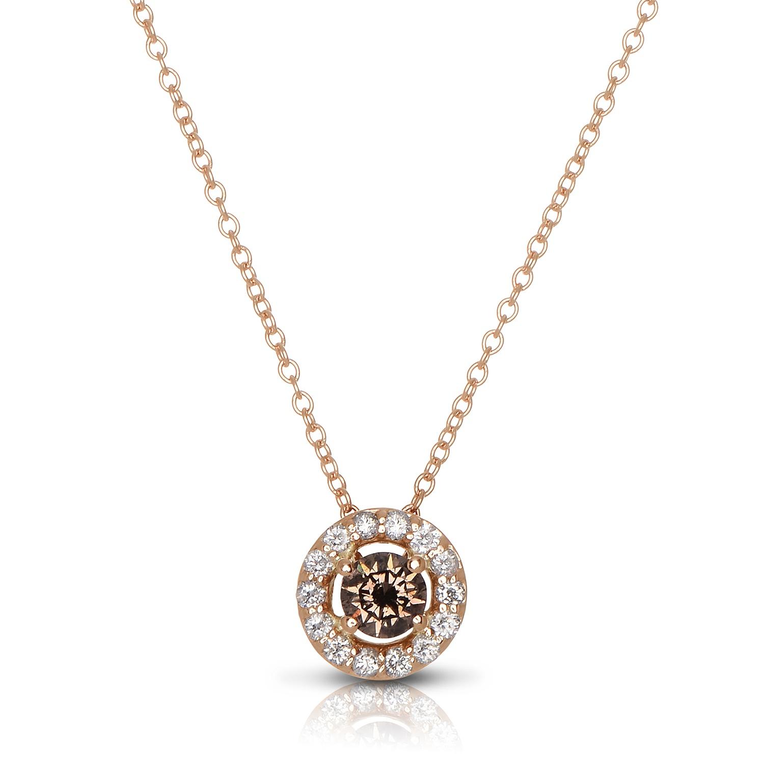 Rose Gold Round Brown & White Diamond Halo Pendant Necklace