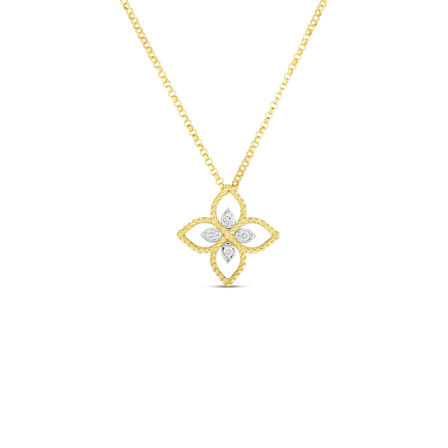 Roberto Coin White & Yellow Gold Diamond Princess Flower Open Pendant Necklace