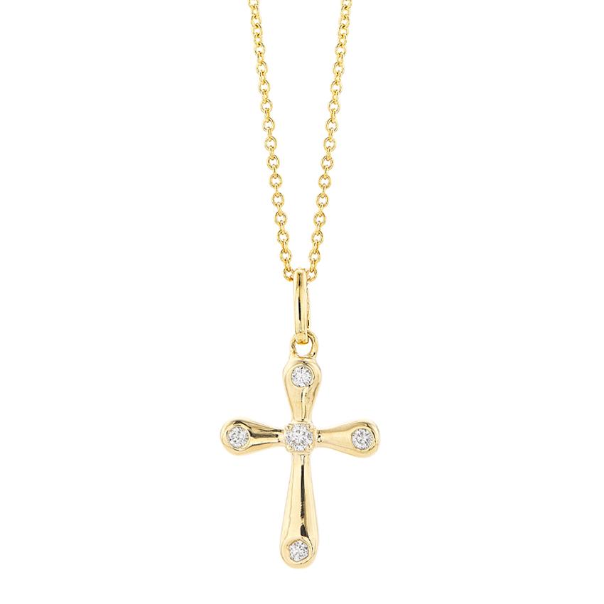 14K Yellow Gold Polished Cross Necklace with Round Diamonds