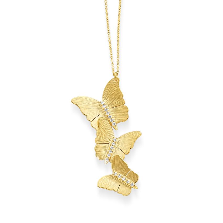 14k Yellow Gold Diamond Triple Butterfly Necklace