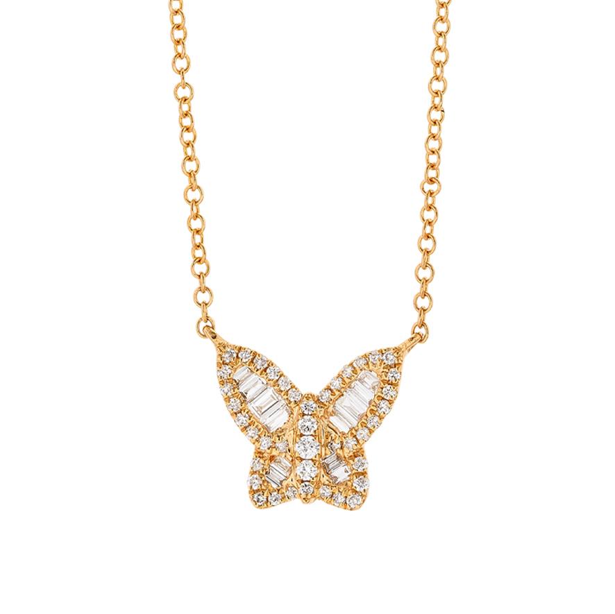 Baguette and Round Diamond Butterfly Necklace in Yellow Gold