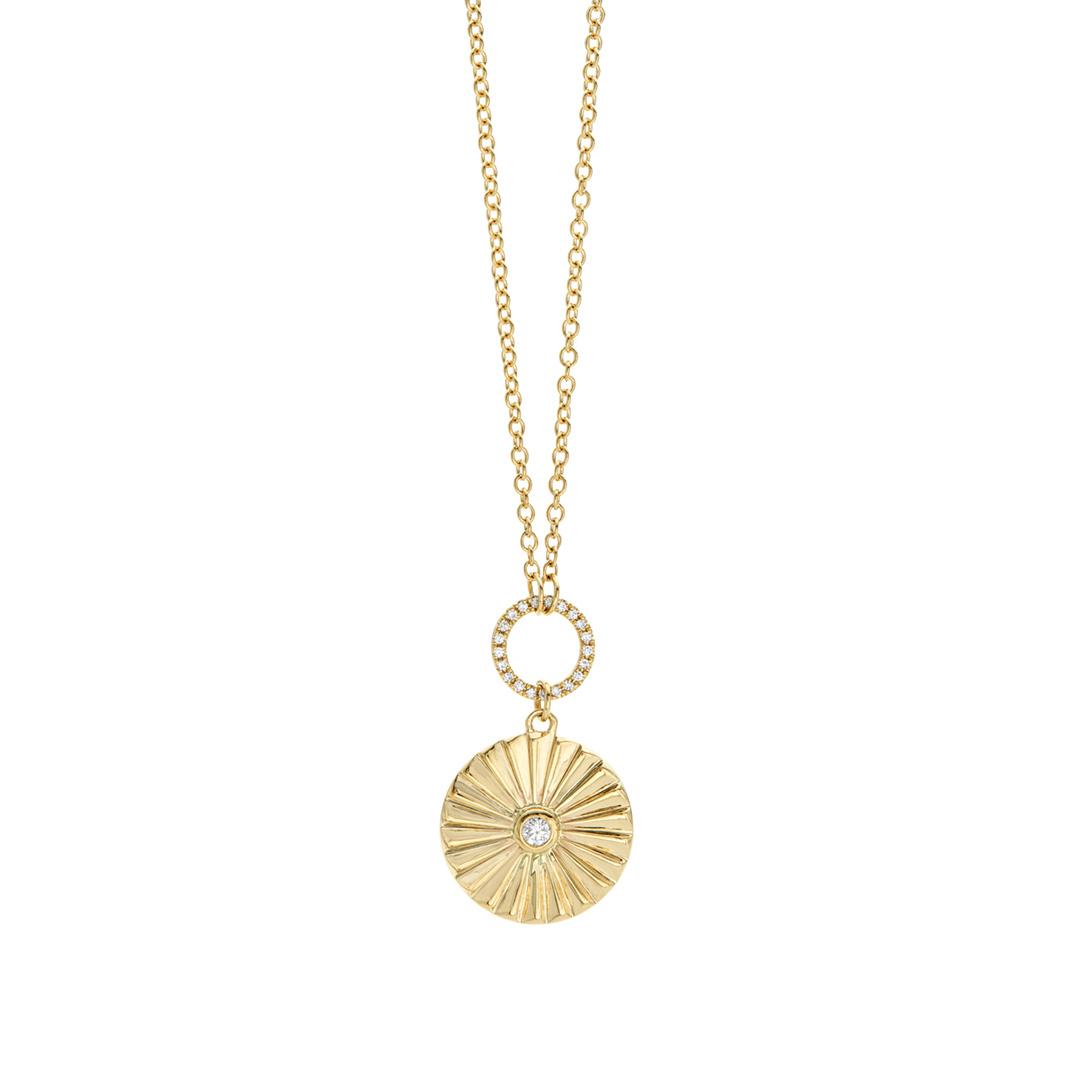 14k Gold Fluted Disc Pendant Necklace with Diamond