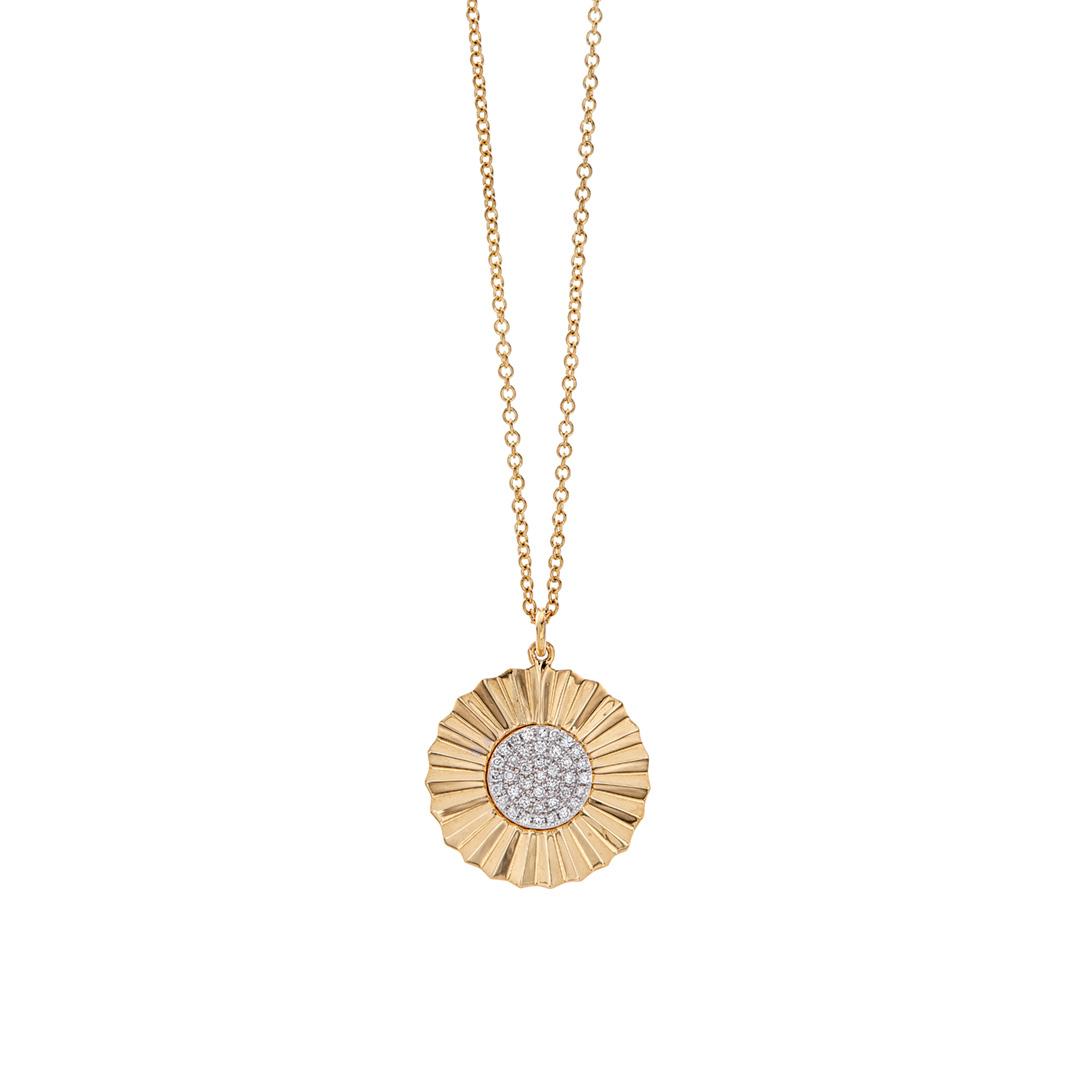 Yellow Gold and Diamond Crinkle Disc Pendant Necklace