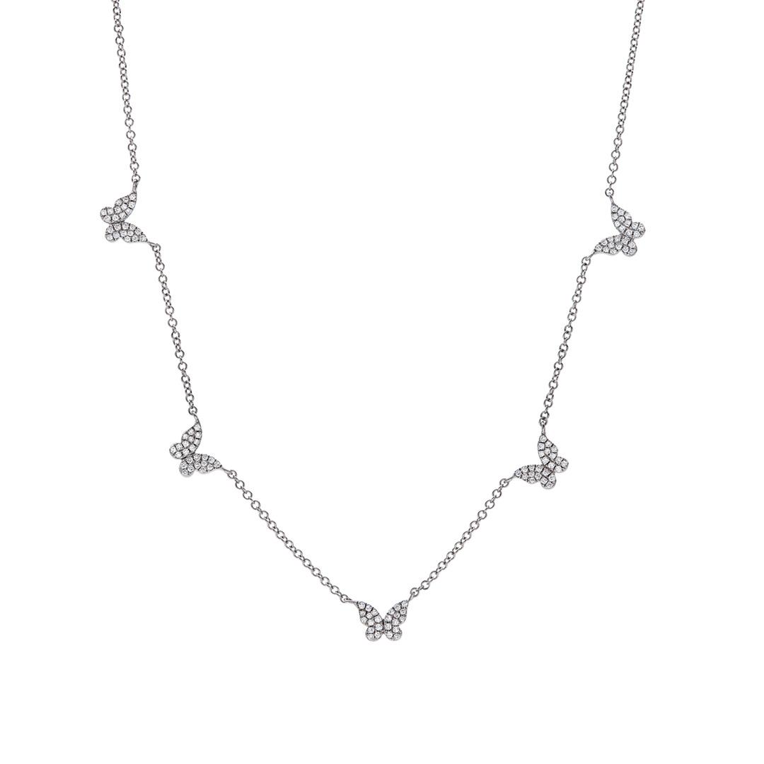 Five Station Pave Diamond Butterfly Necklace in White Gold
