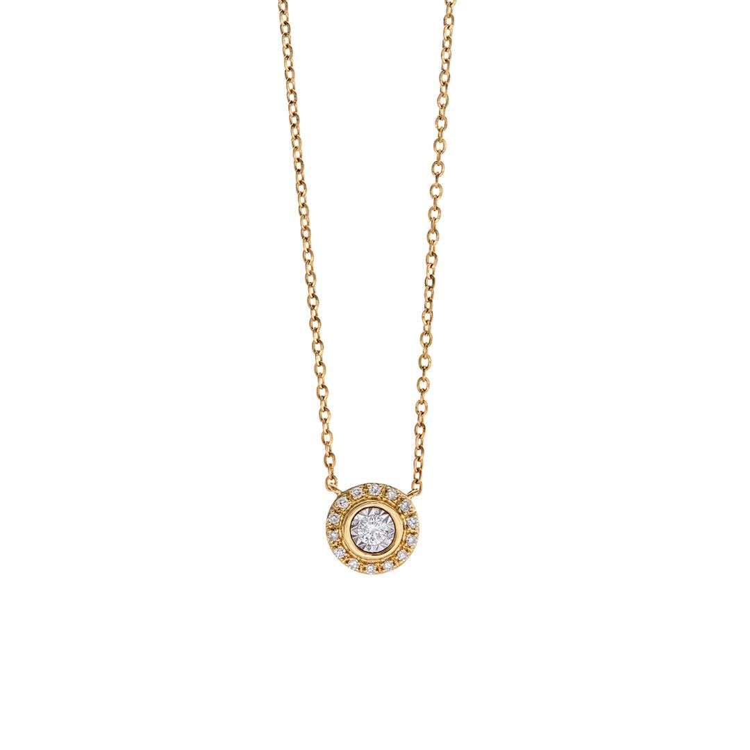 Yellow Gold Mini Diamond Halo Pendant Necklace