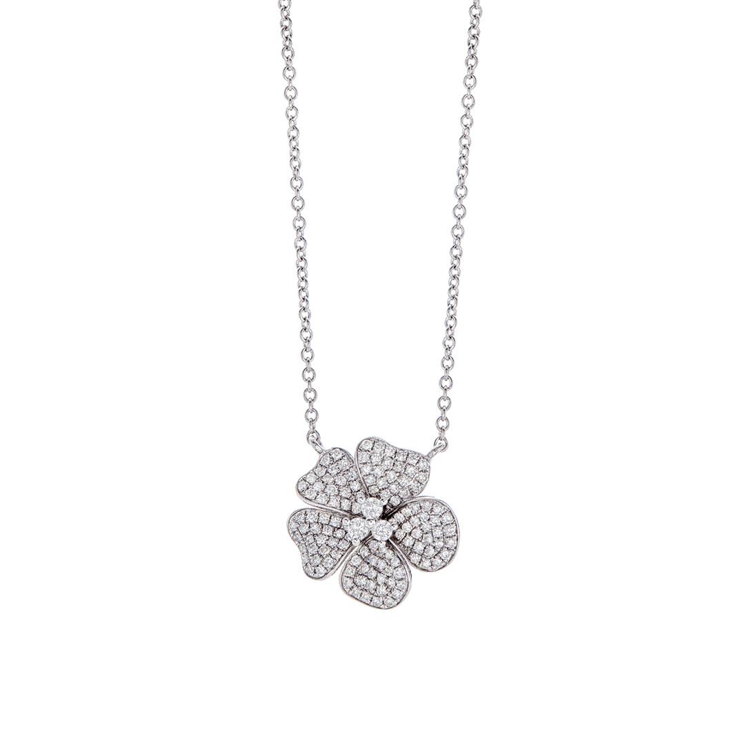 White Gold Pave Diamond Flower Necklace
