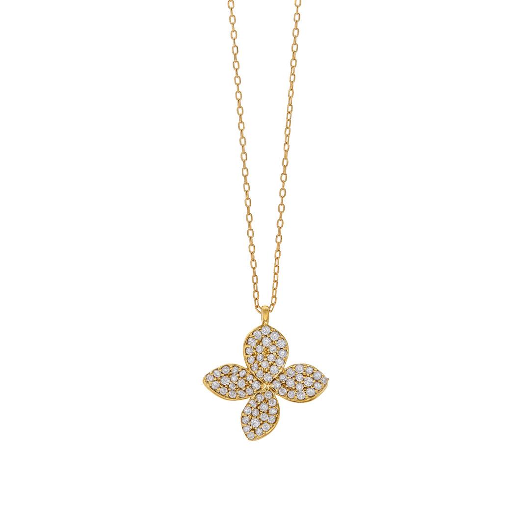Pave Diamond Yellow Gold Flower Pendant Necklace