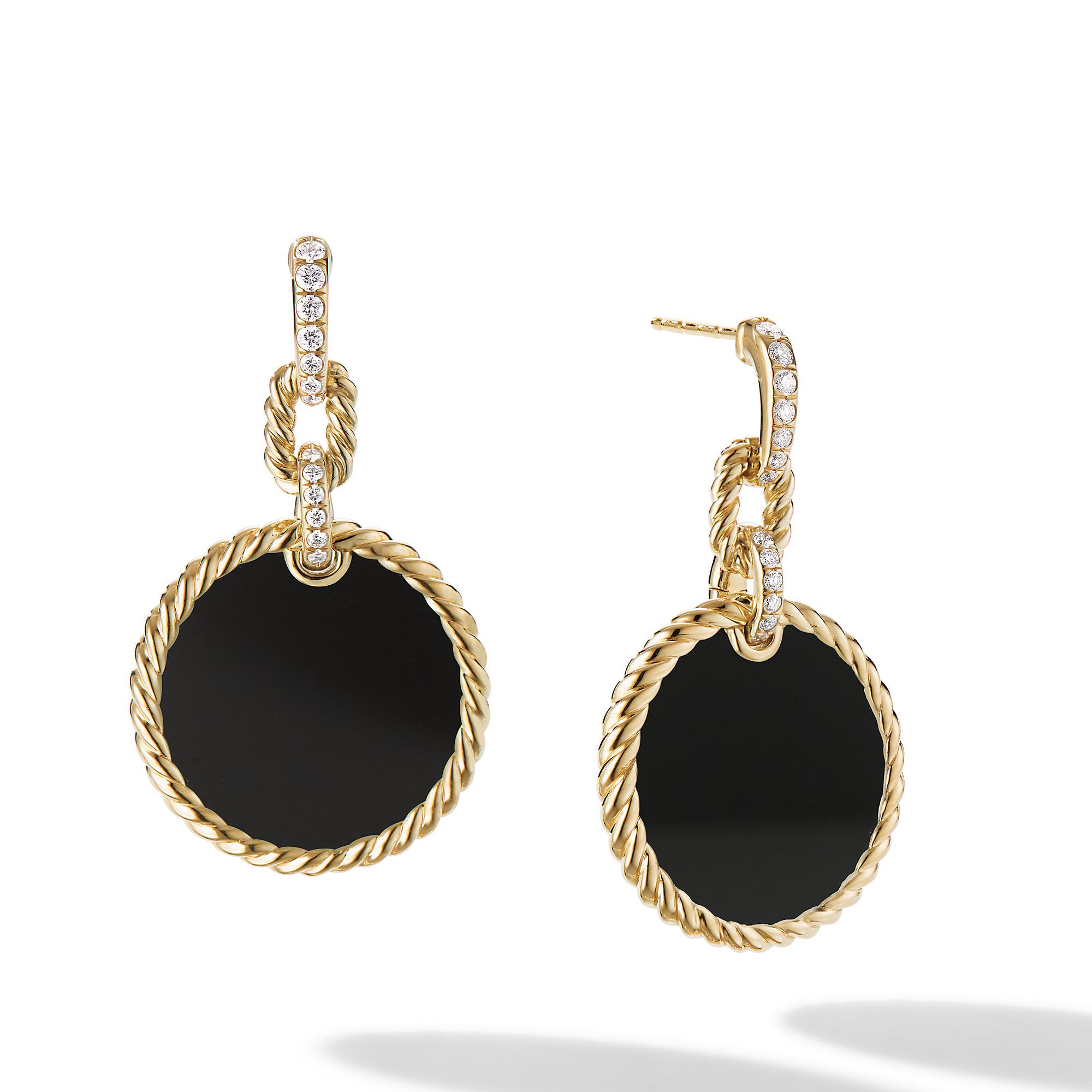 David Yurman Elements Drop Earrings 18K Yellow Gold with Black Onyx and Pave Diamonds