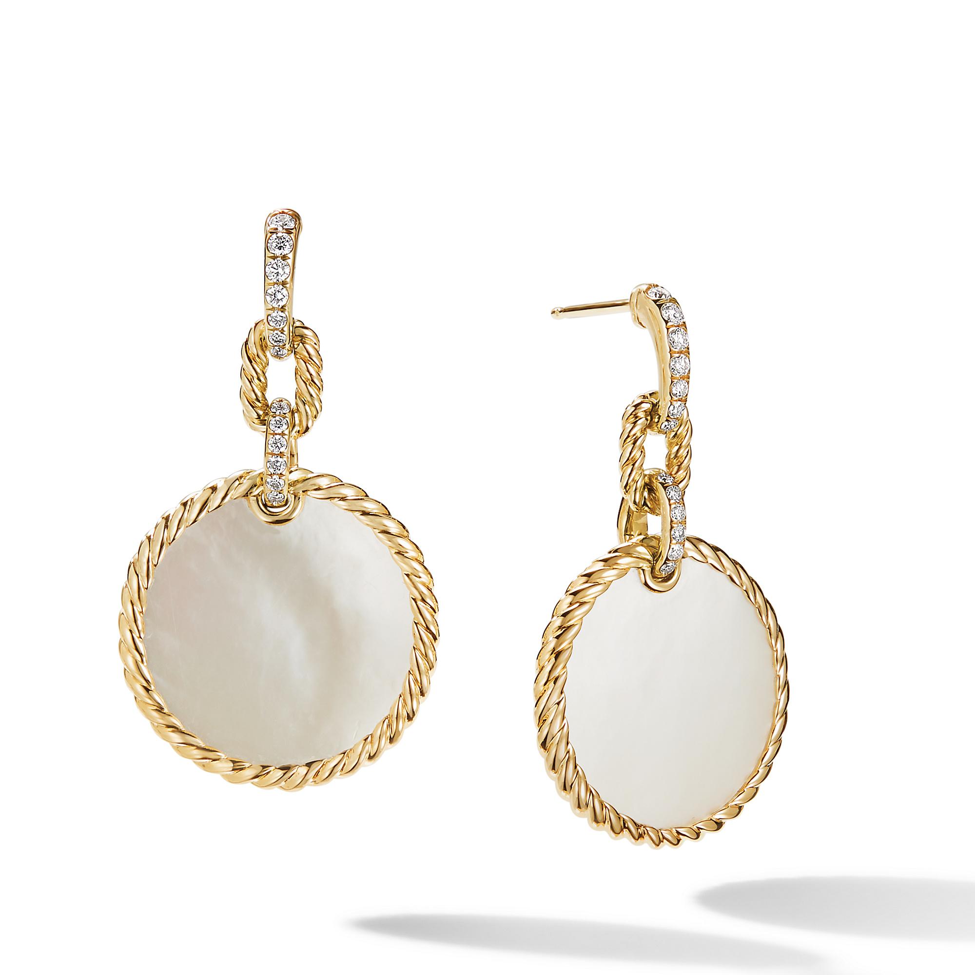 David Yurman DY Elements Drop Earrings 18K Yellow Gold with Mother Of Pearl and Pave Diamonds