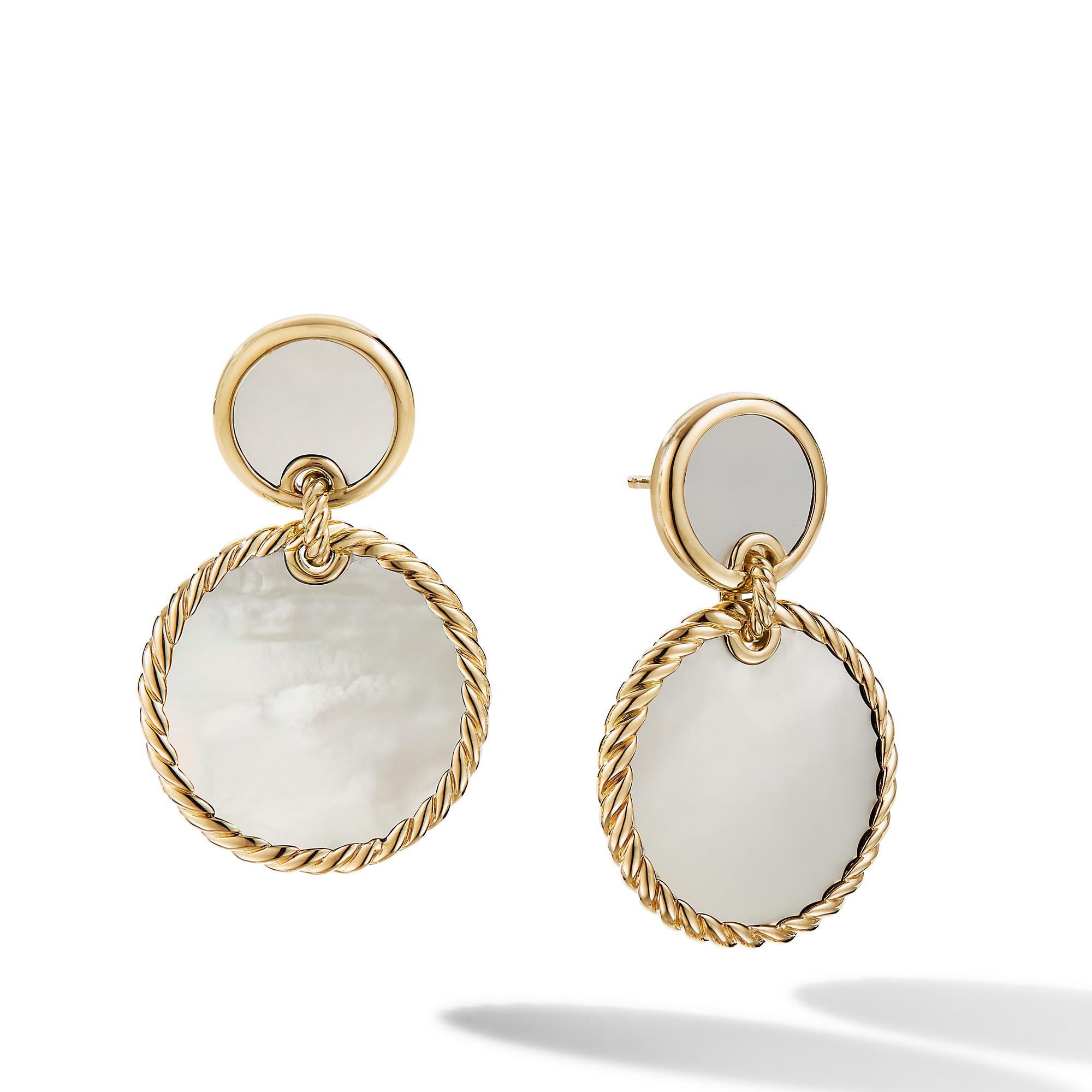 David Yurman DY Elements Double Drop Earrings in 18K Yellow Gold with Mother of Pearl