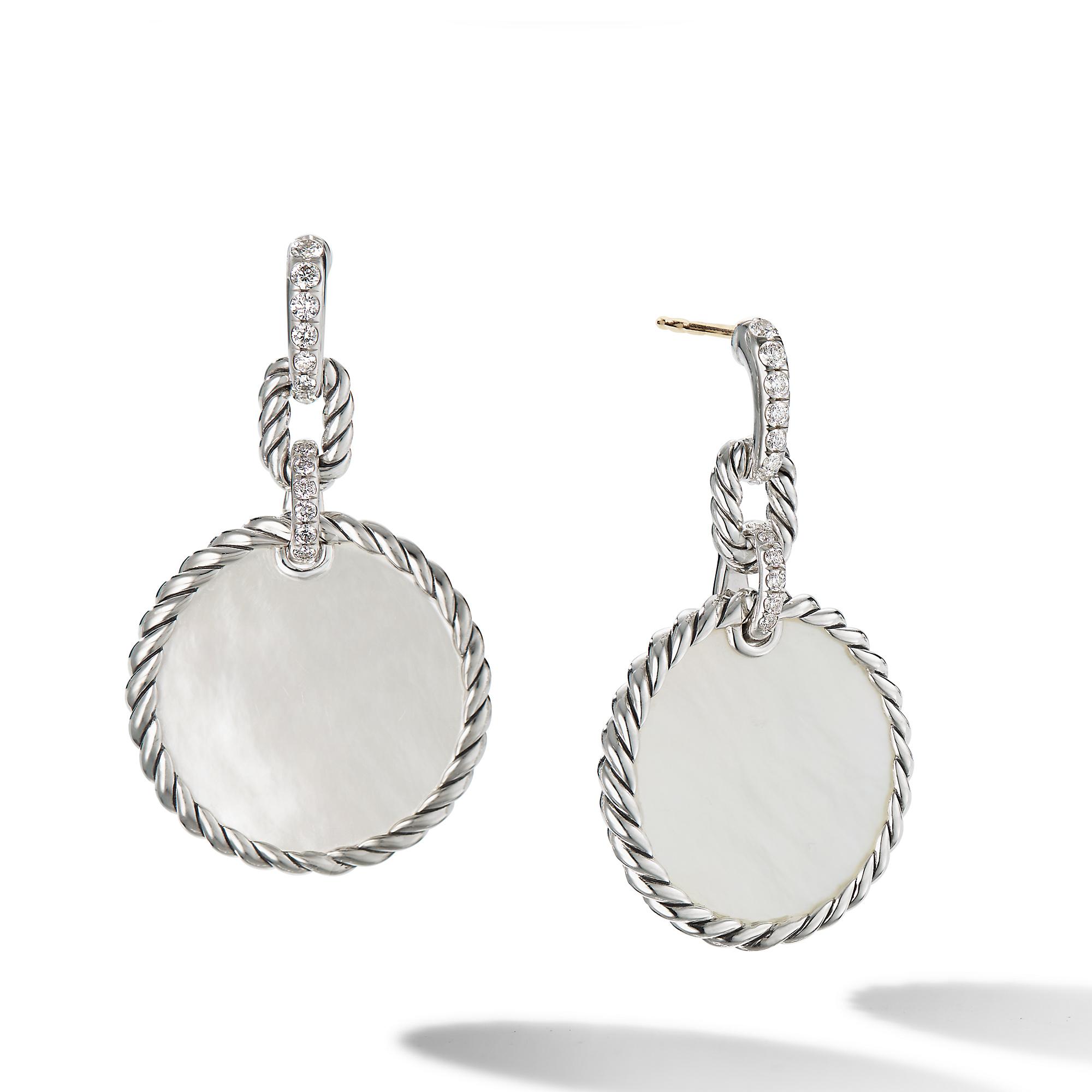 David Yurman DY Elements Drop Earrings with Mother Of Pearl and Pave Diamonds, 19mm