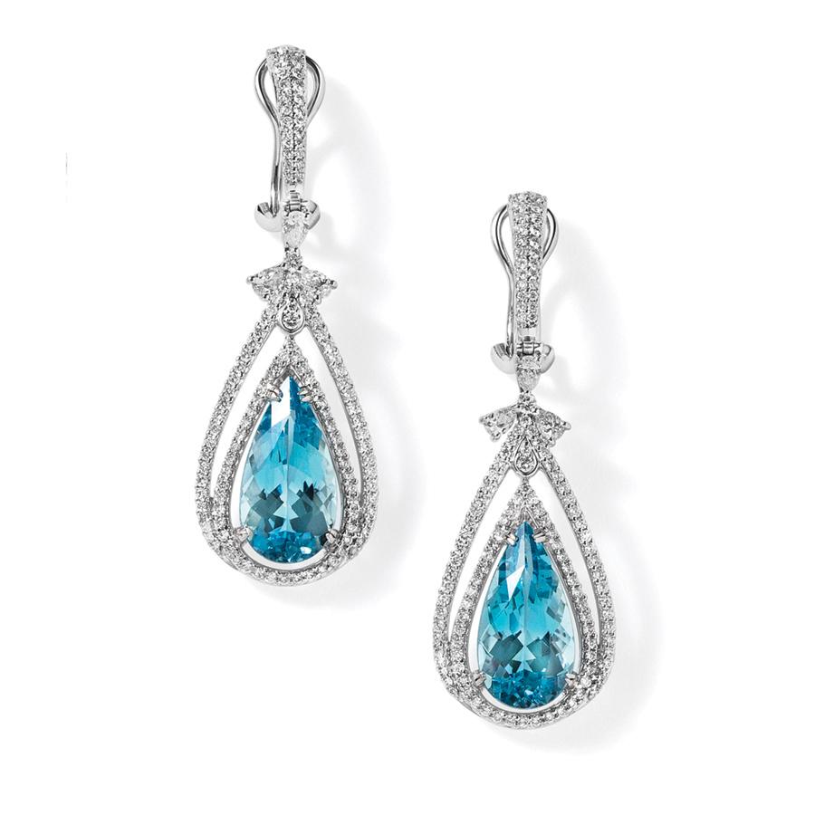 7.78 CT Pear Shaped Aquamarine & Diamond Drop Earrings