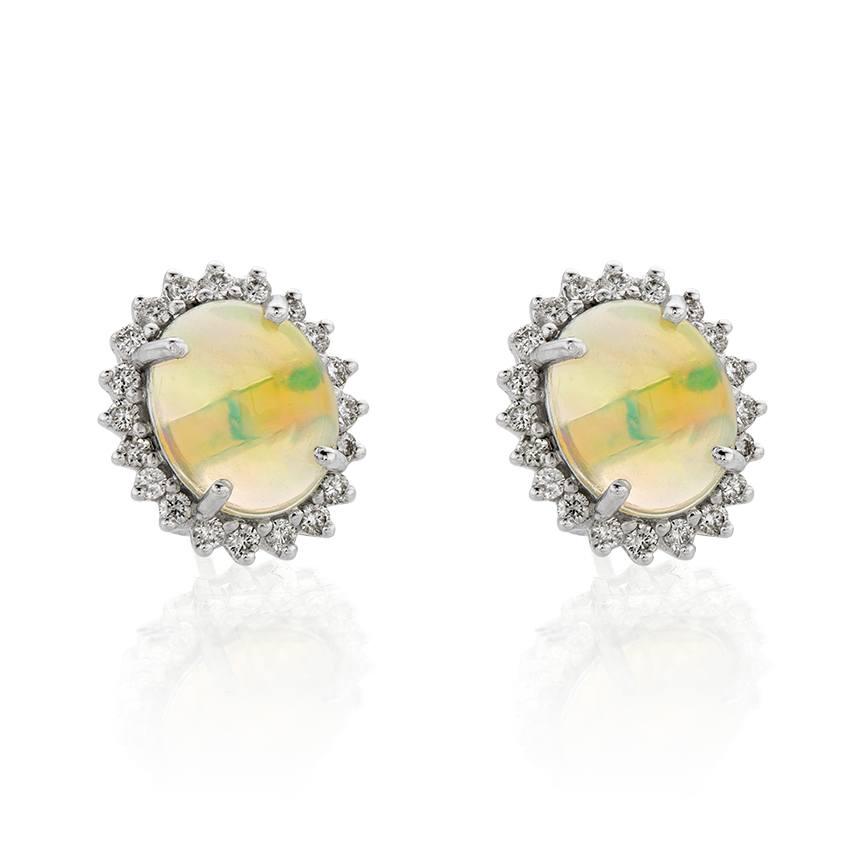 White Gold Ethiopian Opal & Diamond Halo Post Earrings