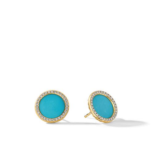 David Yurman Elements Button Earrings in 18K Yellow Gold with Turquoise and Pave Diamonds