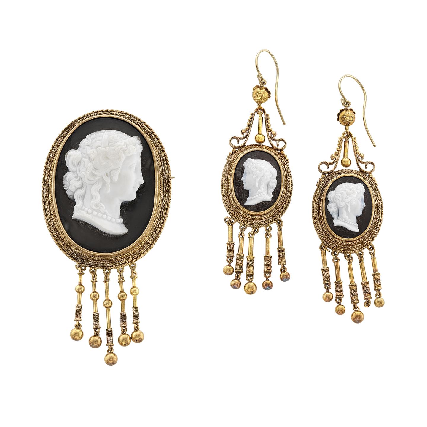 Estate Collection Victorian Stone Cameo Brooch and Earring Set