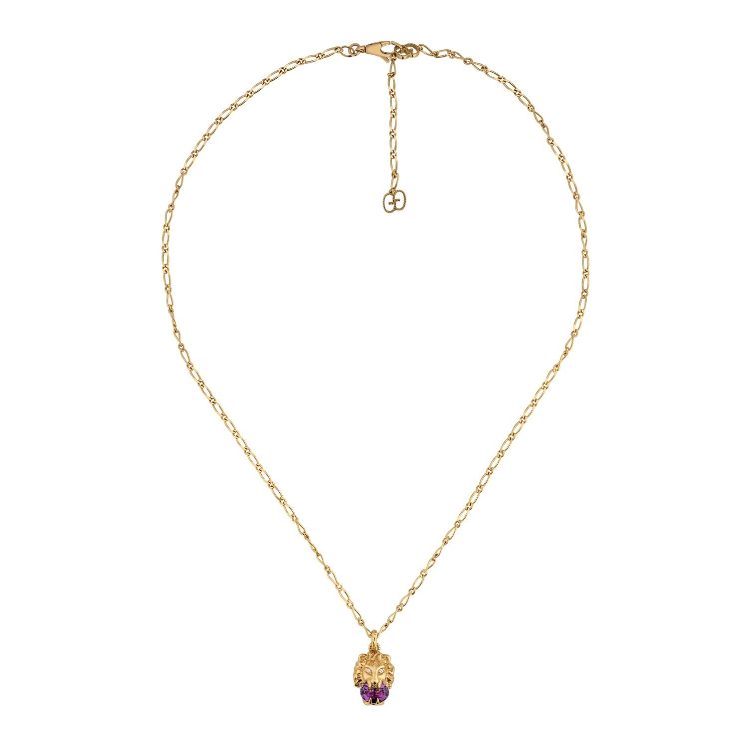 Gucci Yellow Gold, Amethyst & Diamond Lion Head Pendant Necklace