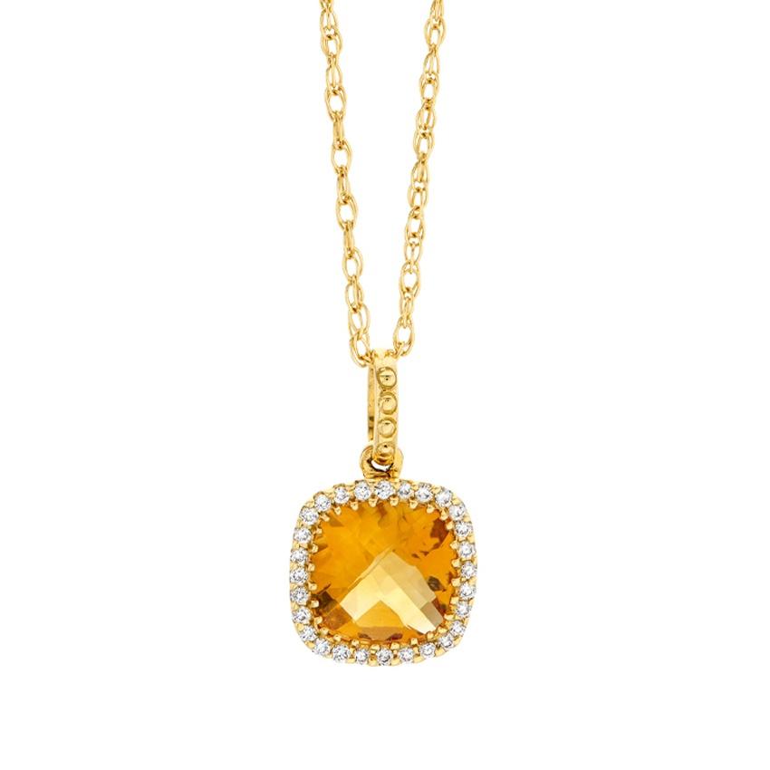 Yellow Gold Cushion Shaped Citrine & Diamond Halo Pendant Necklace